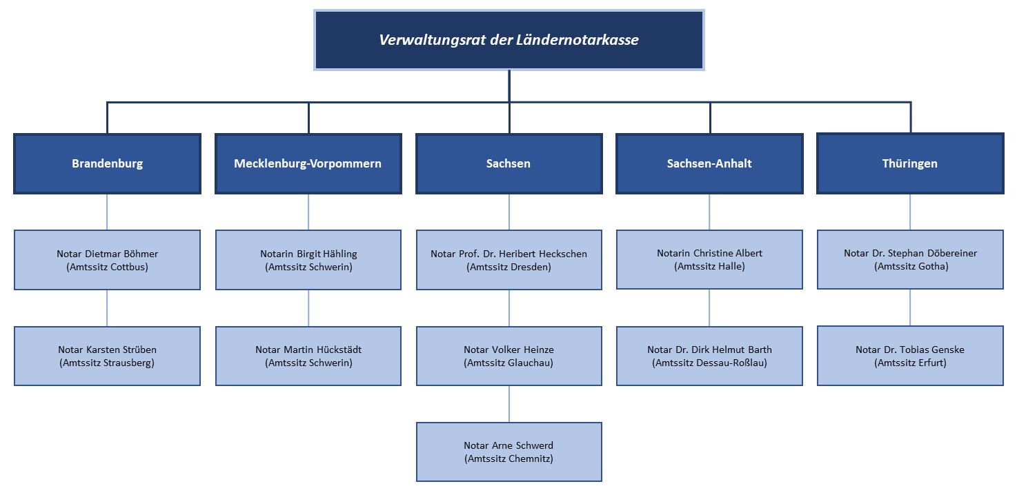 Hier ist die Besetzung des Verwaltungsrates dargestellt. Die Darstellung veranschaulicht folgende Struktur: Der Verwaltungsrat der Ländernotarkasse ist mit Notaren aus den Bereichen der Notarkammern Brandenburg, Mecklenburg-Vorpommern, Sachsen, Sachsen-Anhalt und Thüringen besetzt, wobei die Notarkammer Sachsen drei, die übrigen Landesnotarkammern jeweils zwei Notare in den Verwaltungsrat der Ländernotarkasse entsenden. Gegenwärtig ist der Verwaltungsrat wie folgt besetzt:
Für Brandenburg: Notar Dietmar Böhmer (Amtssitz Cottbus) und Notar Karsten Strüben (Amtssitz Strausberg) Für Mecklenburg-Vorpommern: Notarin Birgit Hähling (Amtssitz Schwerin) und Notar Martin Hückstädt (Amtssitz Schwerin) Für Sachsen: Notar Prof. Dr. Heribert Heckschen (Amtssitz Dresden), Notar Volker Heinze (Amtssitz Glauchau) und Notar Arne Schwerd (Amtssitz Chemnitz) Für Sachsen-Anhalt: Notarin Christine Albert (Amtssitz Halle) und Notar Dr. Dirk Helmut Barth (Amtssitz Dessau-Roßlau) Für Thüringen: Notar Dr. Stephan Döbereiner (Amtssitz Gotha) und Notar Dr. Tobias Genske (Amtssitz Erfurt).